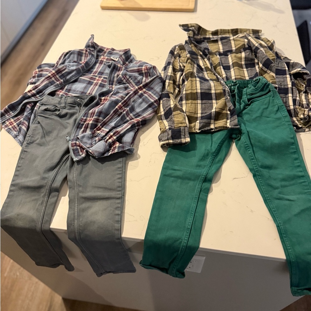 Plaid Shirt and Green Pants Set for Kids